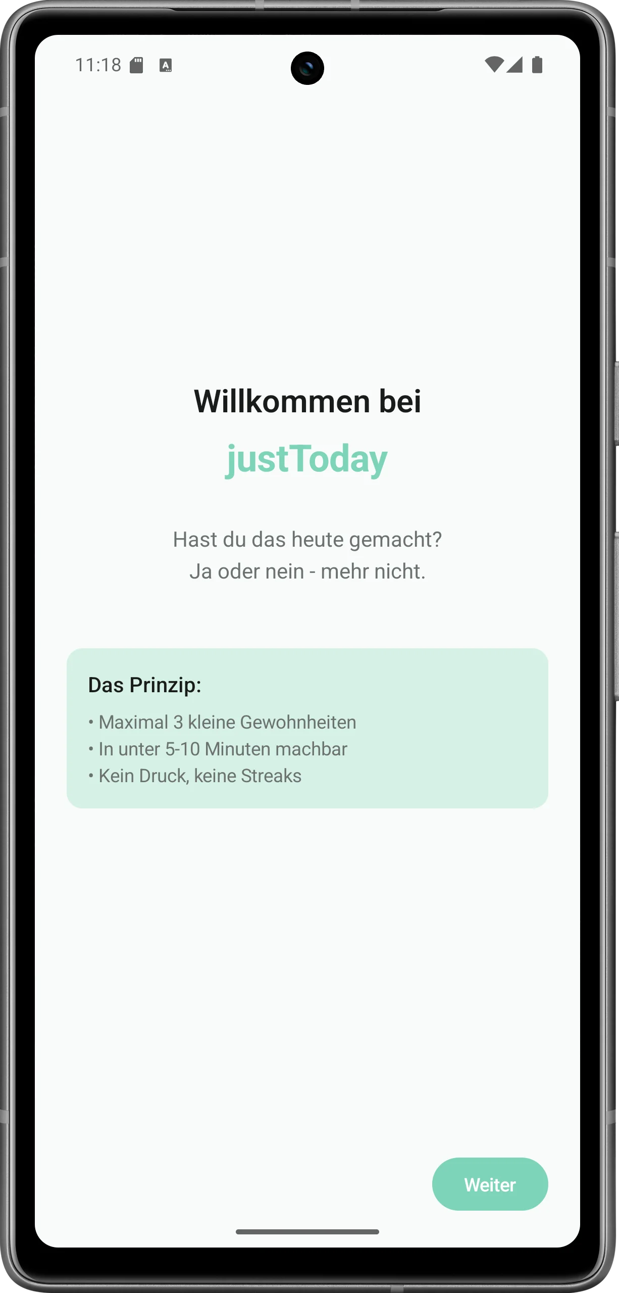 justToday Hauptbildschirm mit Gewohnheiten